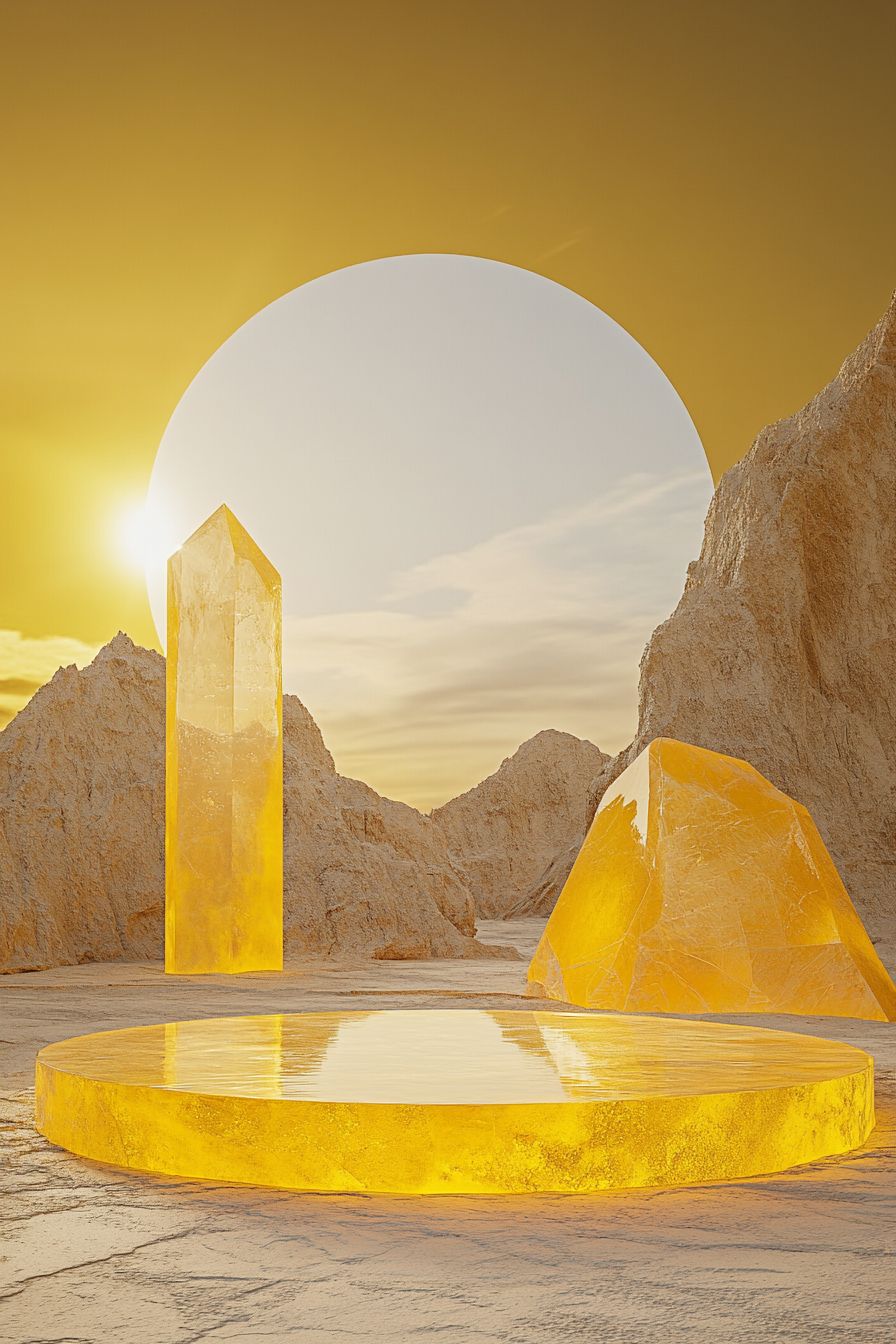 Surreal desert sunset with cosmic background, yellow crystal platform.