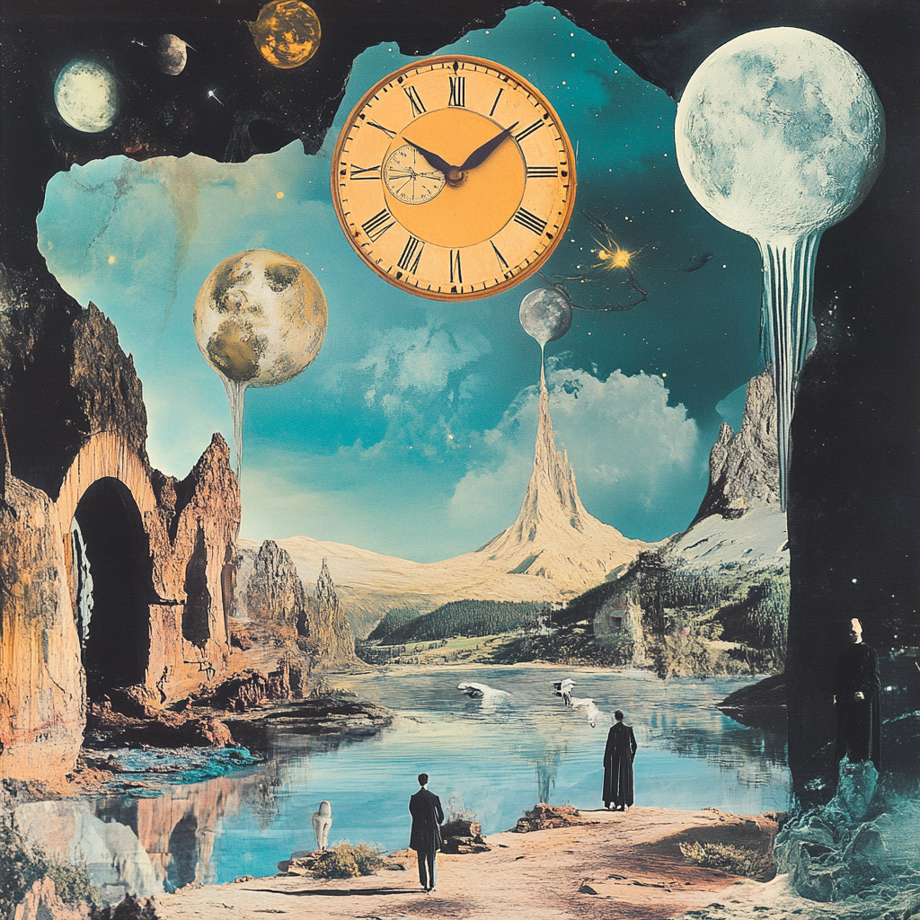 Surreal dream collage with melting clocks and floating islands.