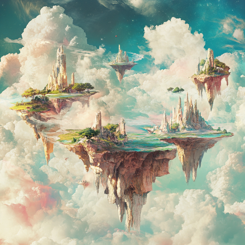 Surreal fantasy album cover design, infinite landscape, whimsical elements 