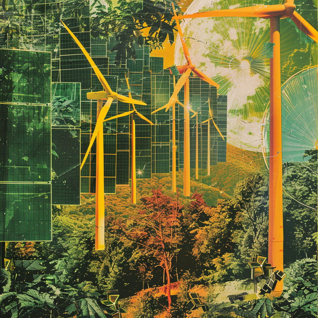 Surreal green collage of wind turbines and solar panels.