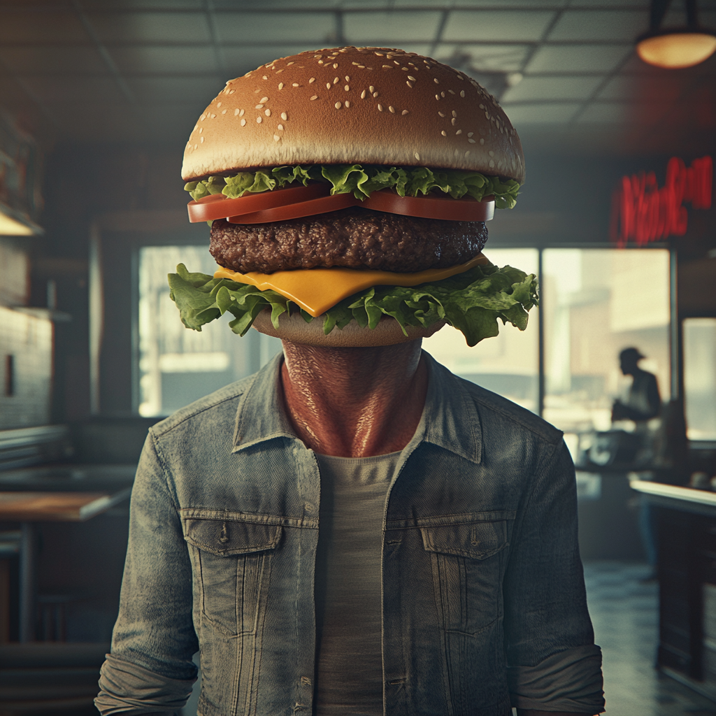 Surreal image of human with hamburger for head.