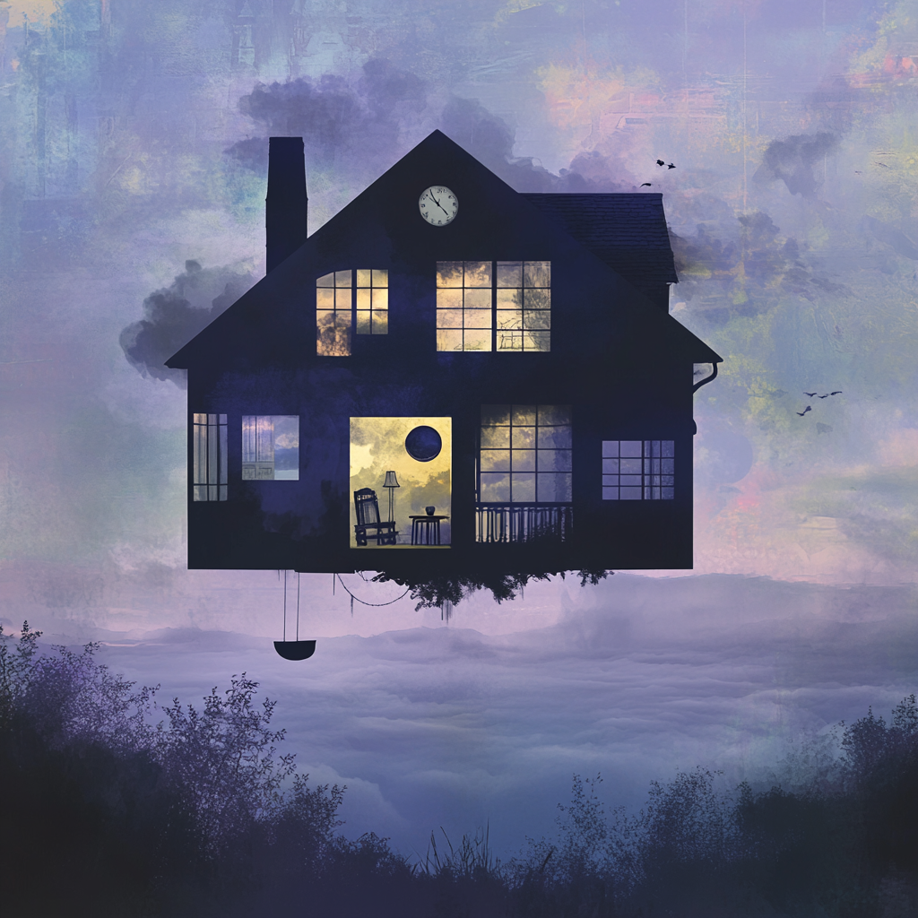 Surreal image: floating house, mist, silhouettes, atmospheric landscape.