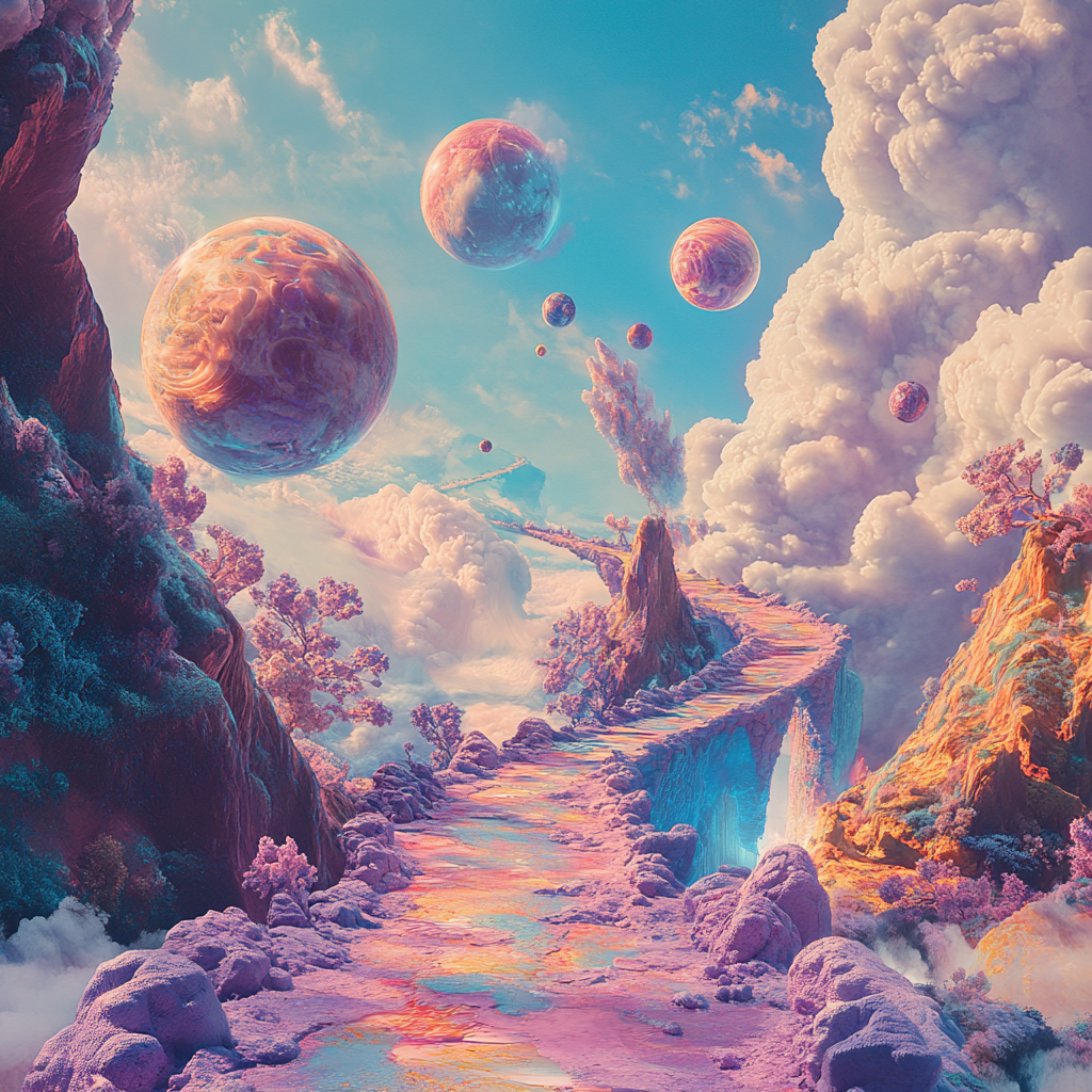 Surreal landscape album cover design with dream-like elements