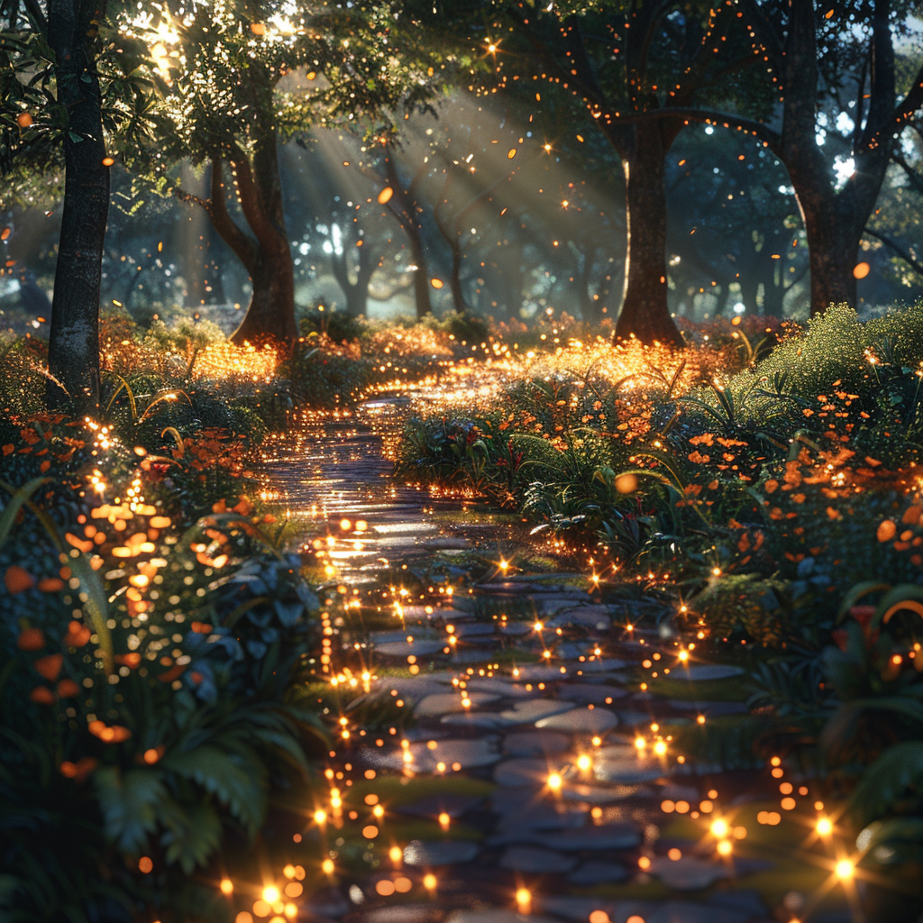 Surreal nature trail with sunshine and music notes alt.