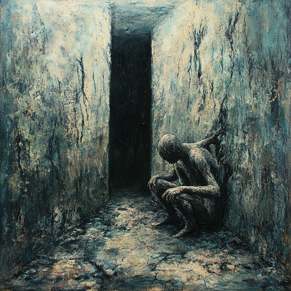 Surreal painting of figure trapped in oppressive space. 