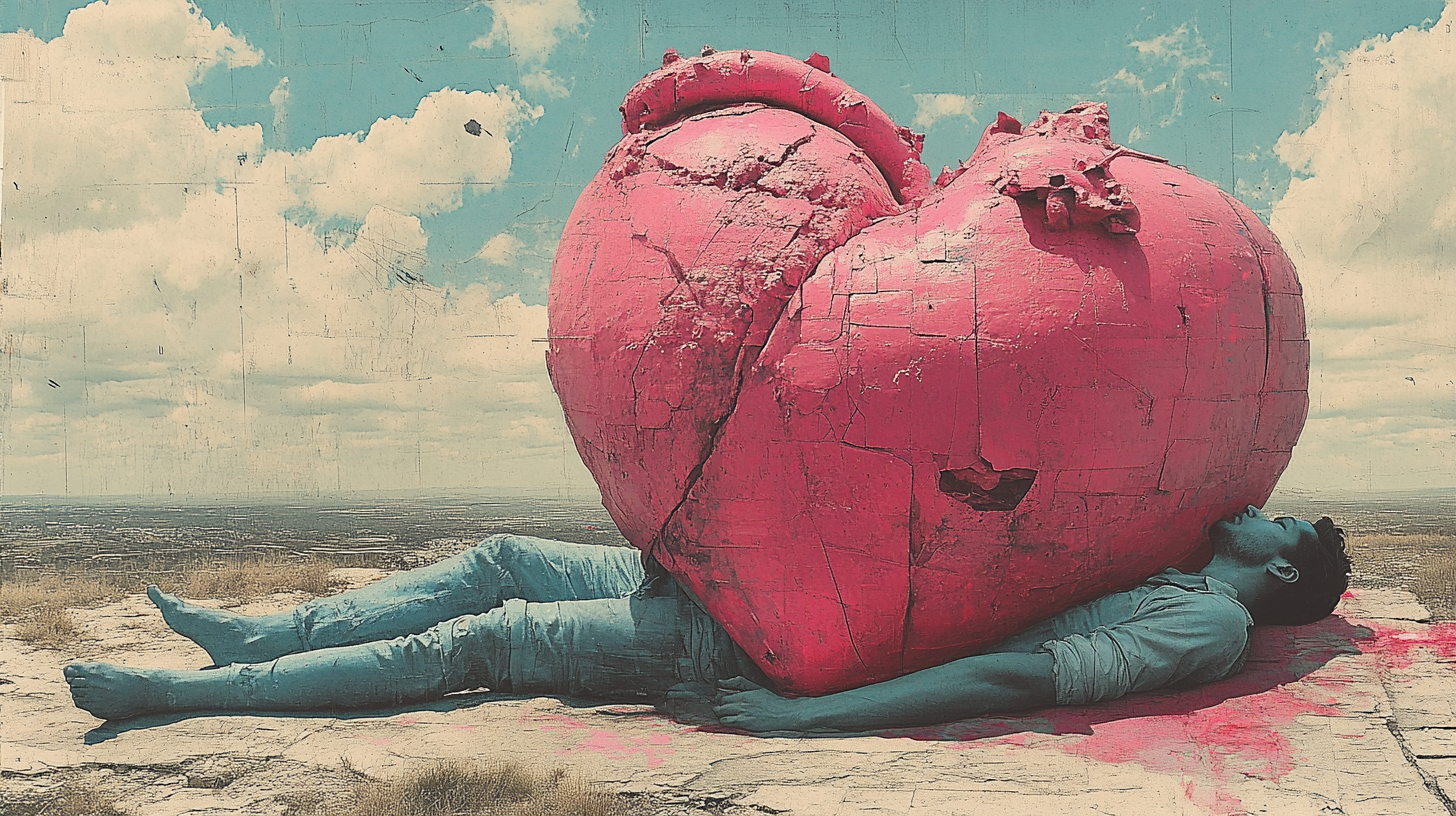 Surreal pastel collage with heart on man's chest.