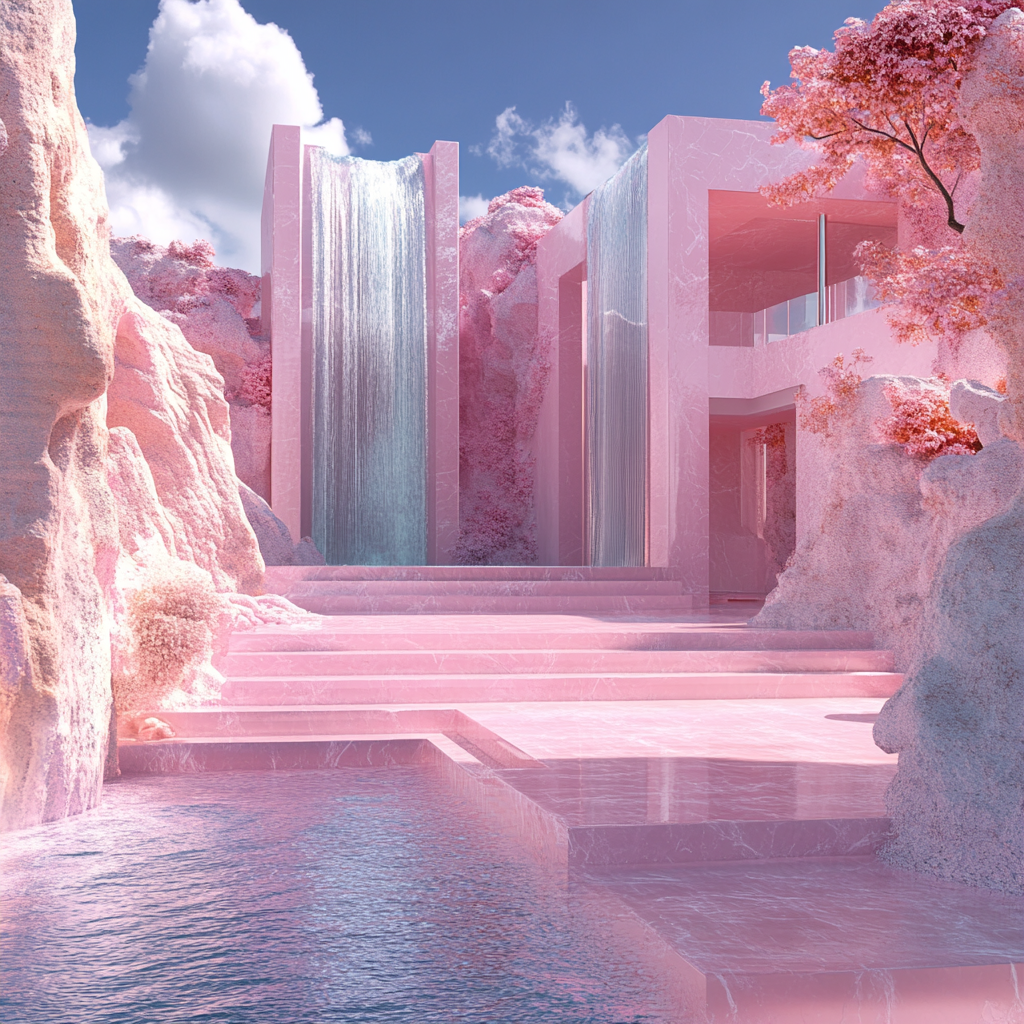 Surreal pastel landscape with geometric shapes and futuristic scene.