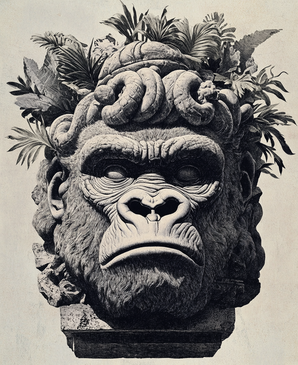 Surreal photorealism comic of ancient gorilla head sculpture.