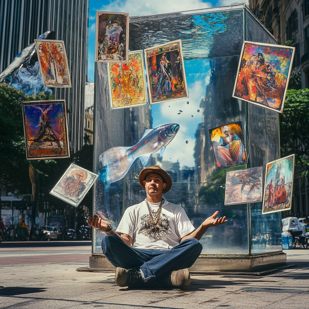 Surreal tarot reader flips art cards in São Paulo