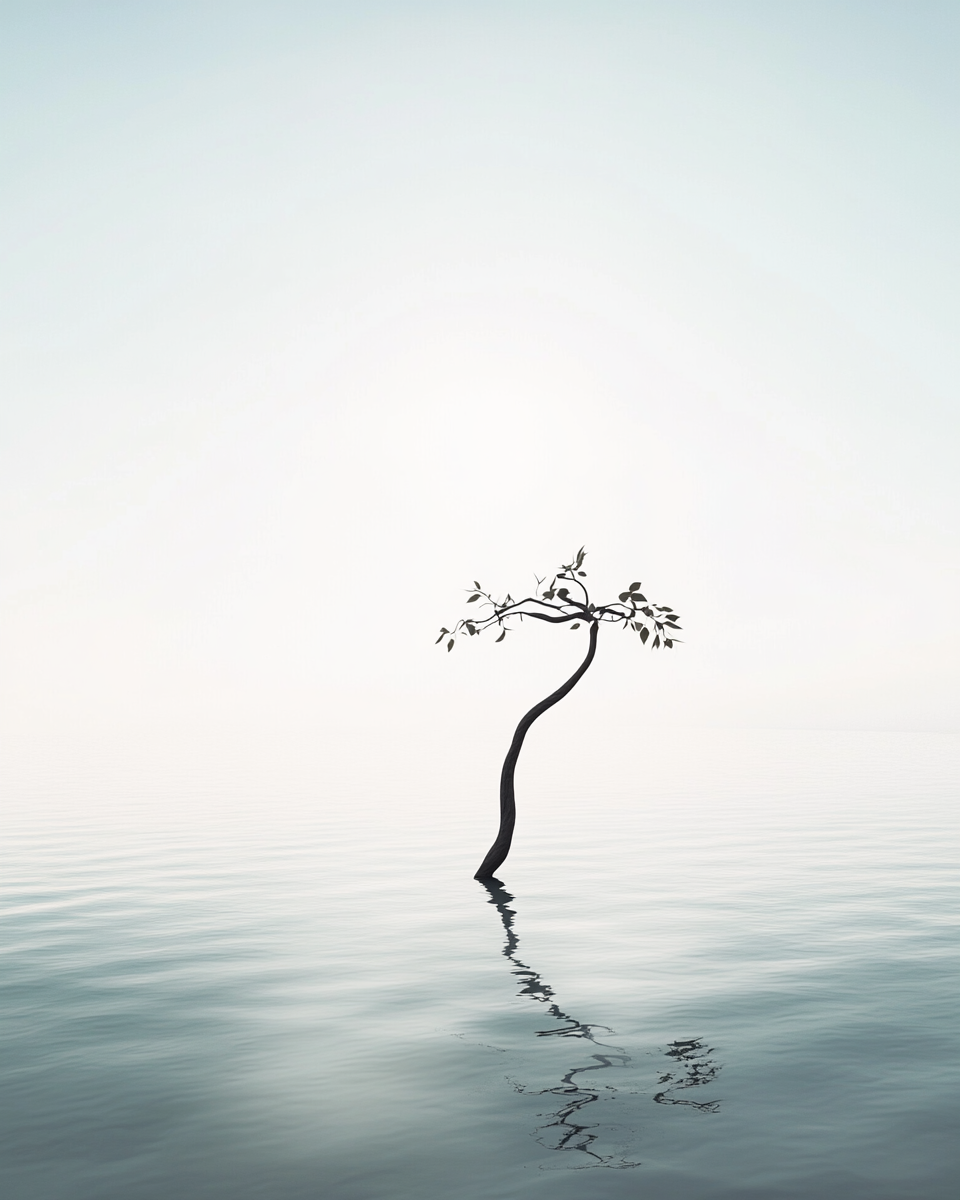 Surreal tree in vast lake, soft sunlight, Asian futurism.