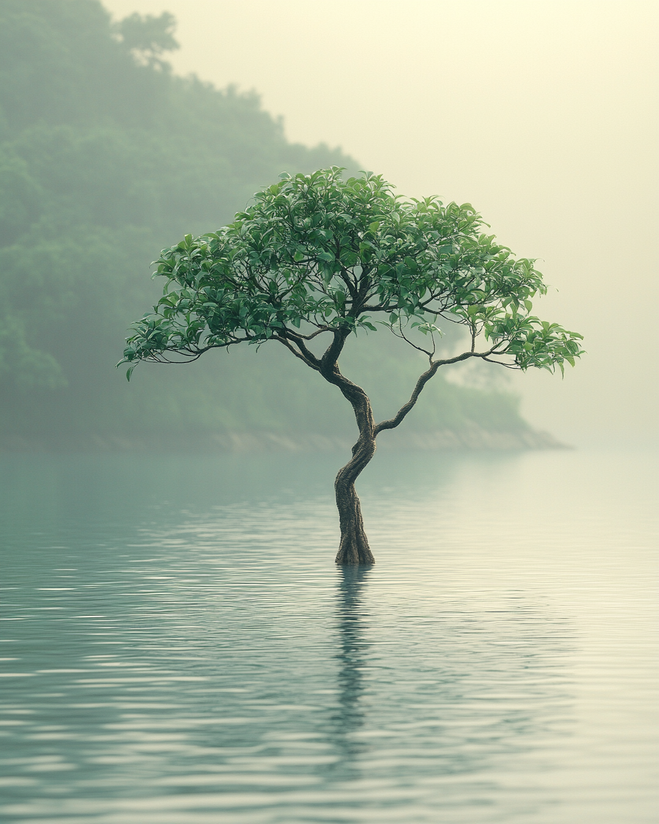 Surreal tree with wavy trunk and drooping canopy.