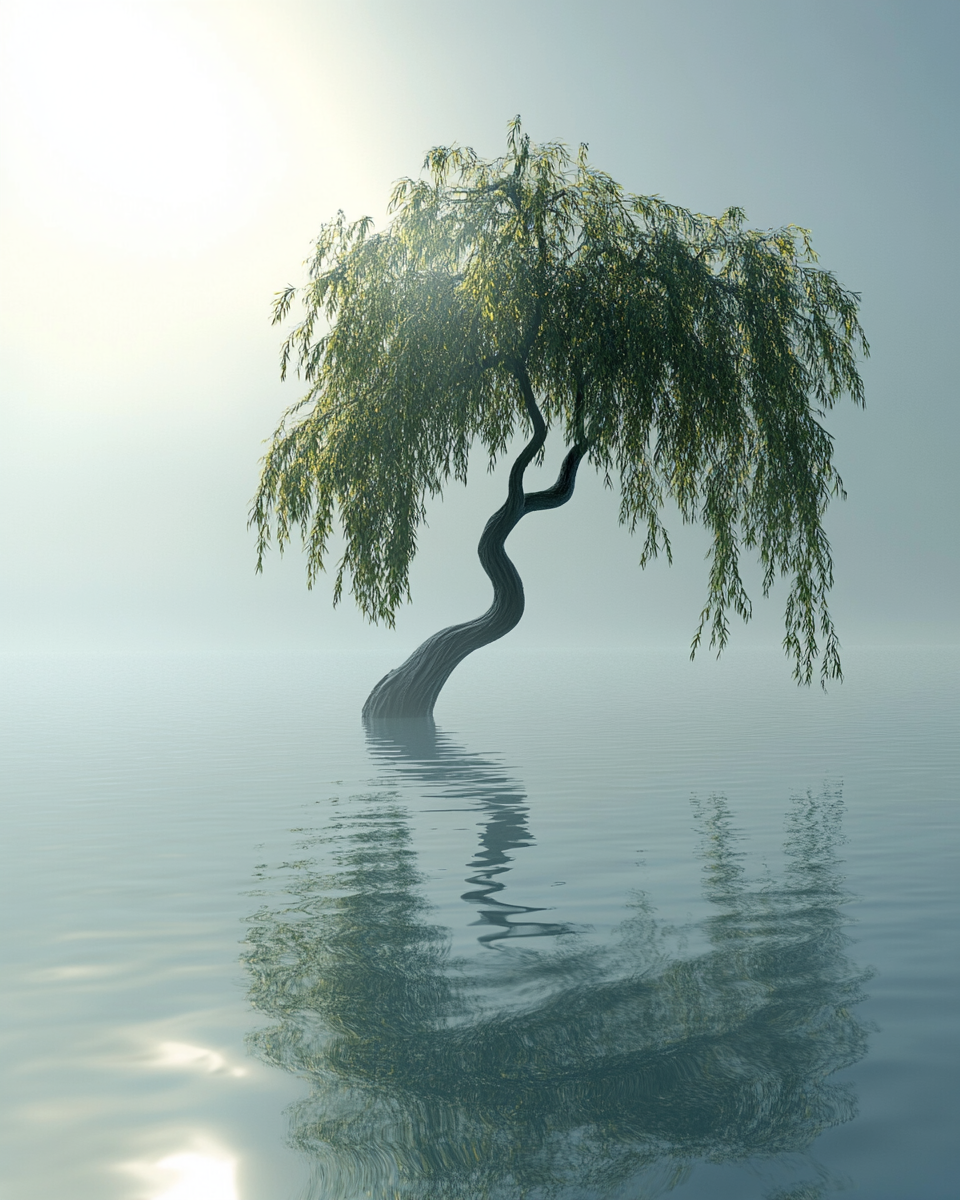 Surreal tree with wavy trunk in vast lake landscape