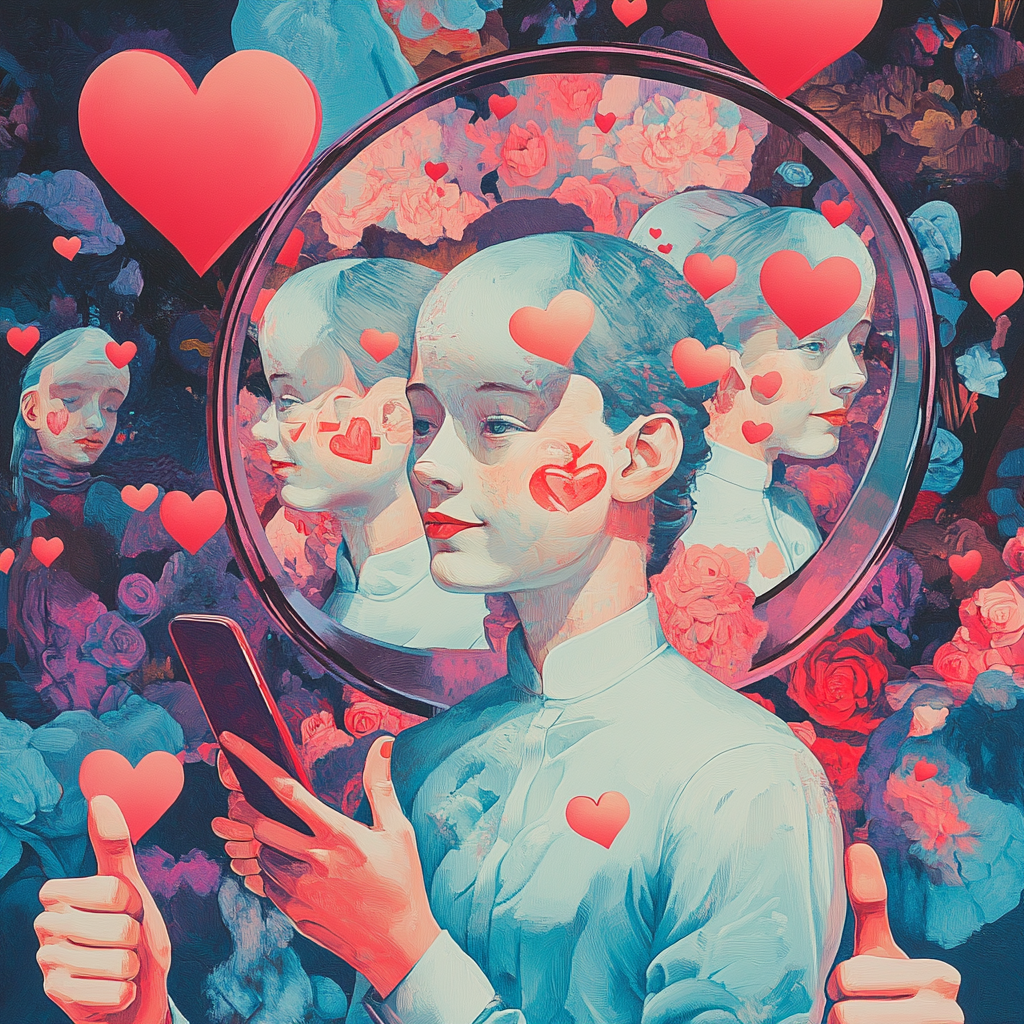 Surrealist mirror with people, smartphones, hearts, thumbs-up