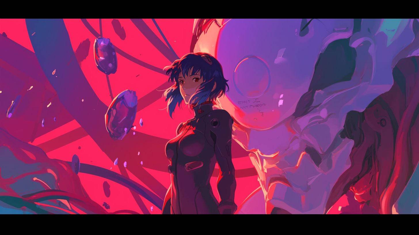 Surrealistic anime drawing blending reality and subconscious, rich color palette.