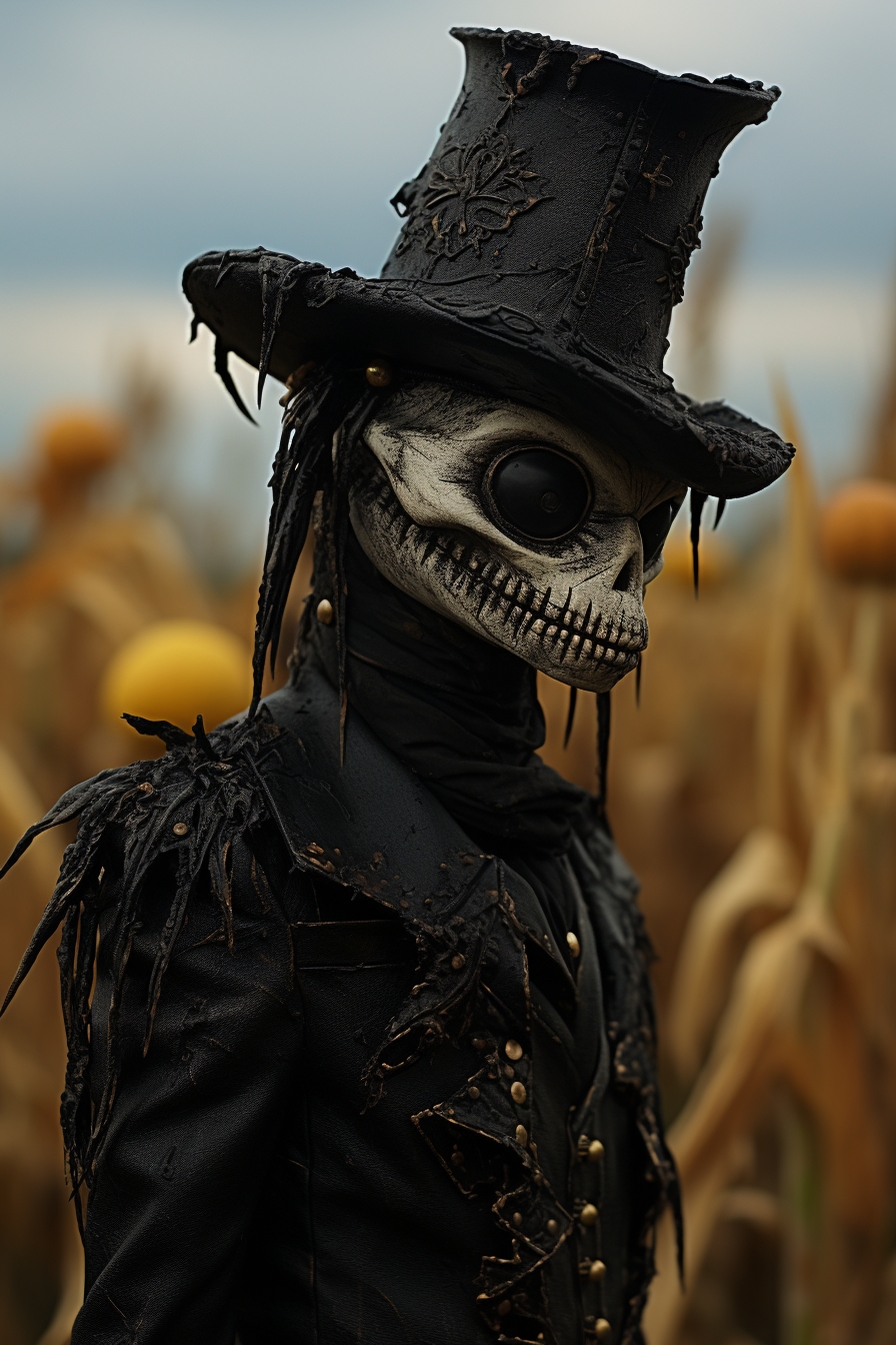 Surrealistic photo of scarecrow in corn field.