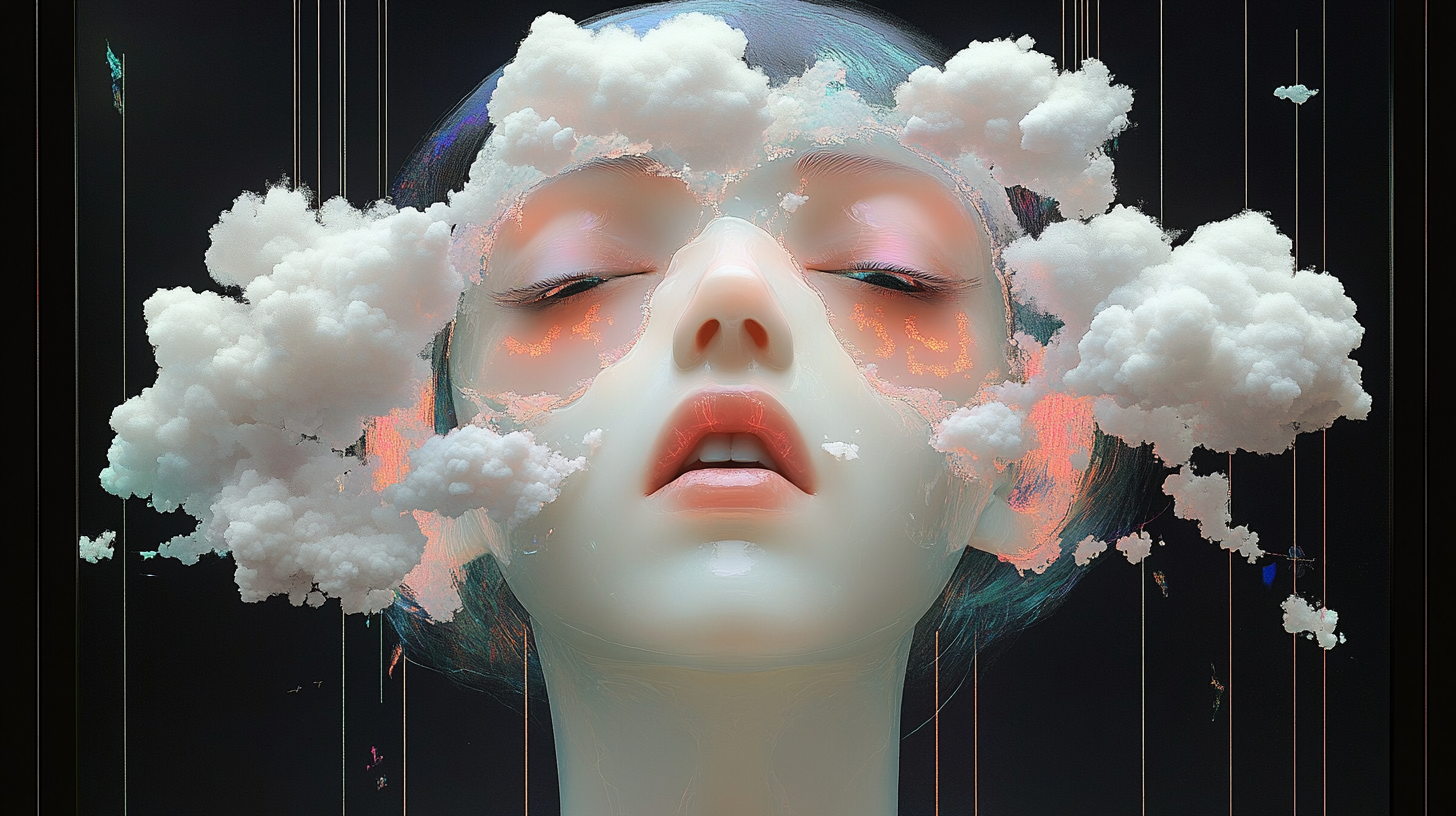 Surrealistic portrait of woman's head with cloud-like shapes.