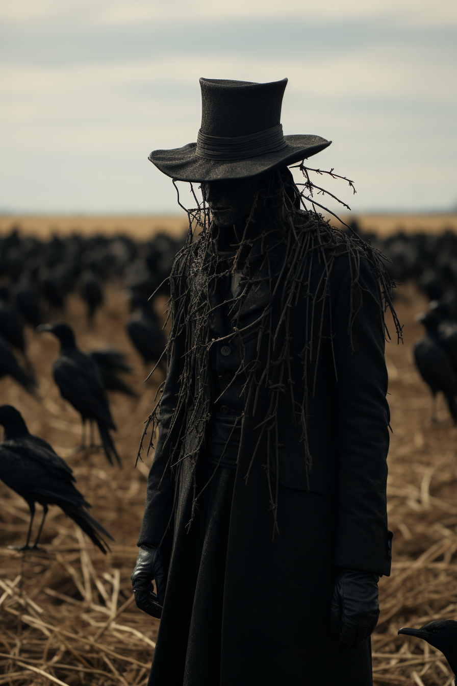 Surrealistic scarecrow in field with crows, evil gothic.