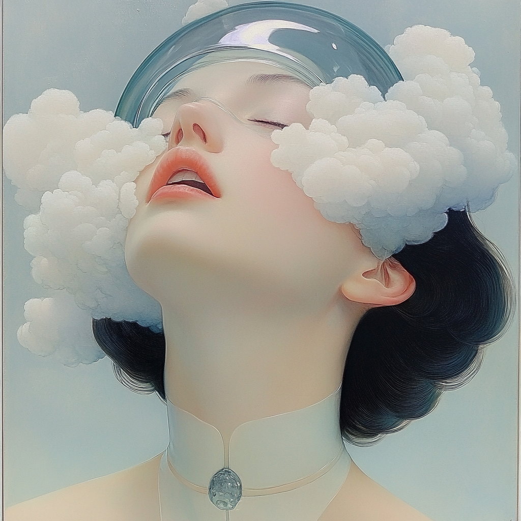 Surrealistic style, cut woman's head, white clouds, simple shapes