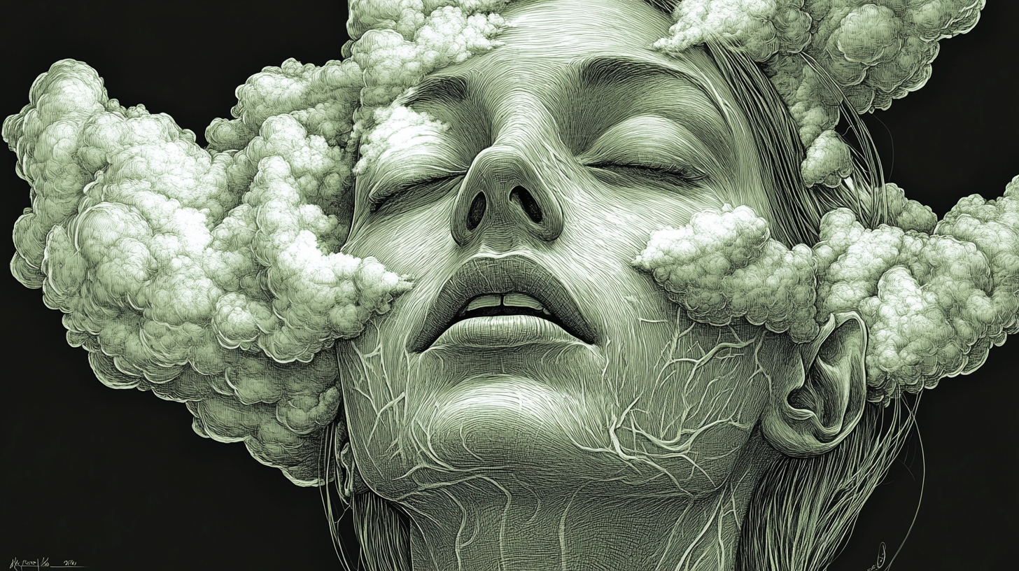 Surrealistic style, woman's head cut in half, clouds.