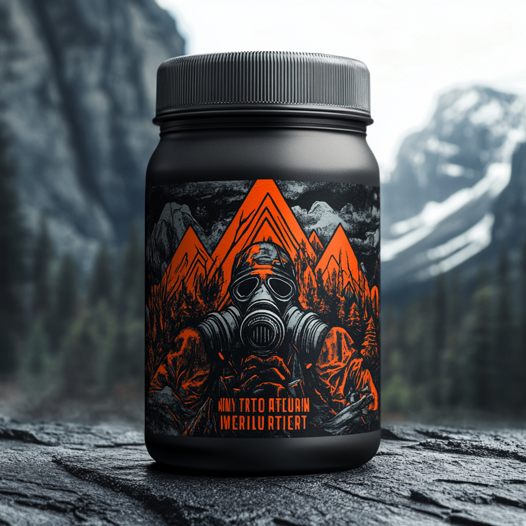 Survival-inspired pre-workout label with rugged, powerful design.