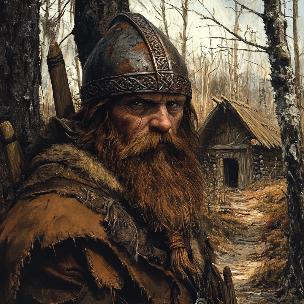 Survivalist dwarf in bronze helmet in dead forest portrait.