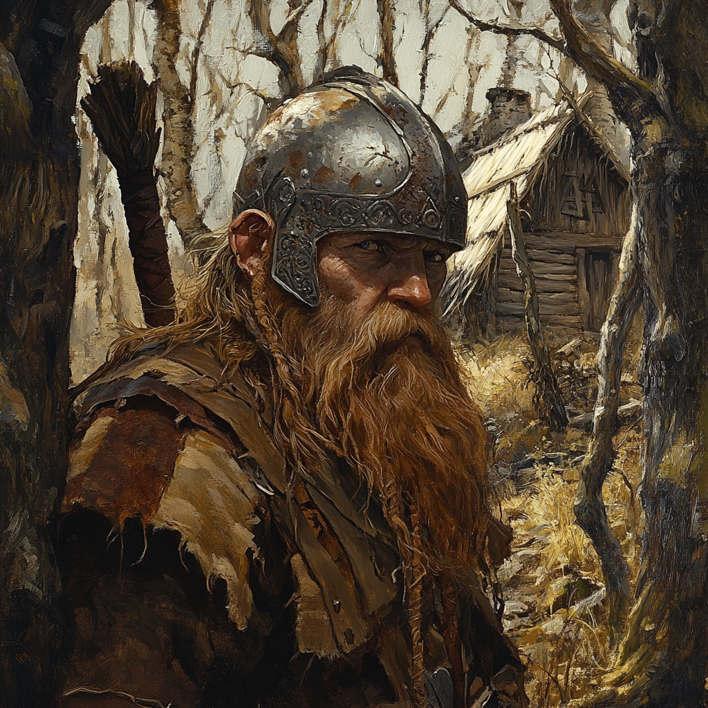 Survivalist dwarf in patched tunic, metal helmet, dry forest.