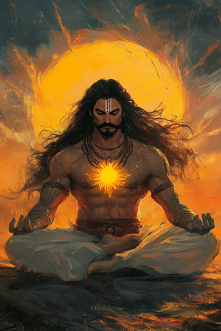 Surya Putra Karna meditating with sun symbol chest.