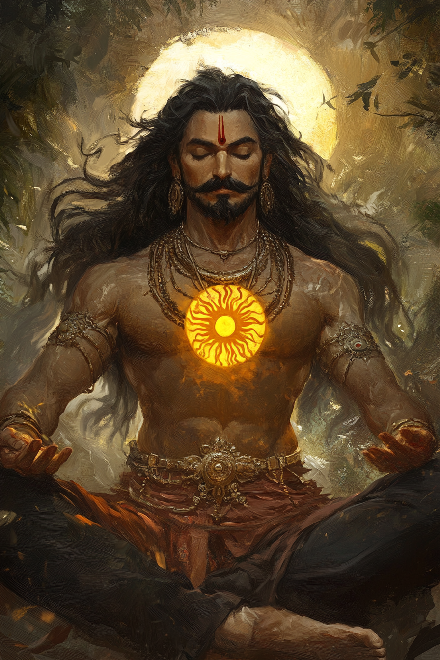 Surya putra Karna meditating in jungle with glowing sun.