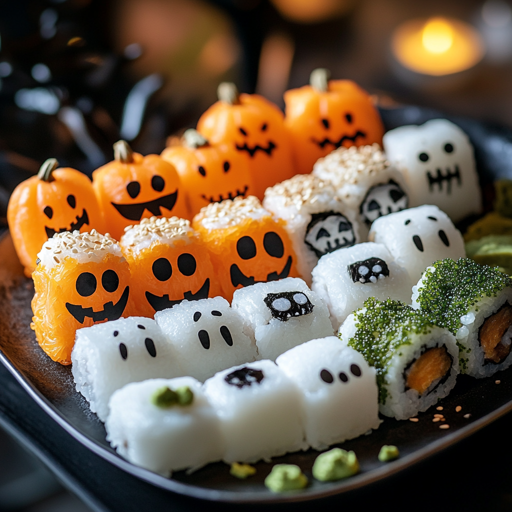 Sushi platter with spooky Halloween shapes and wasabi slime