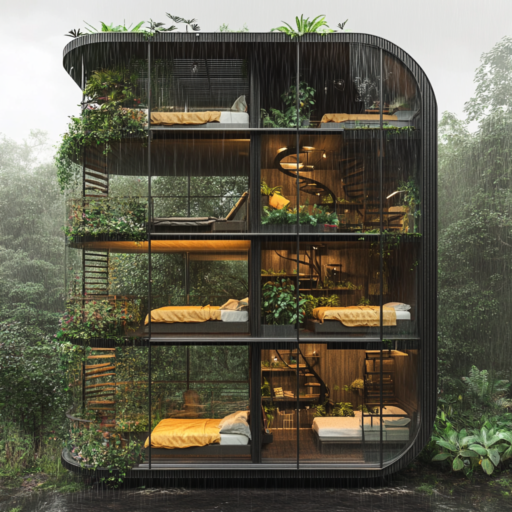 Sustainable cabin in rain forest, with garden and beds.