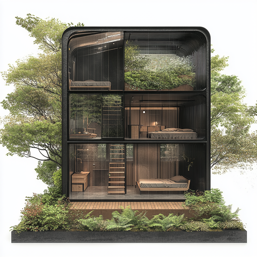 Sustainable cabin in rainforest with exterior garden, bunk beds.