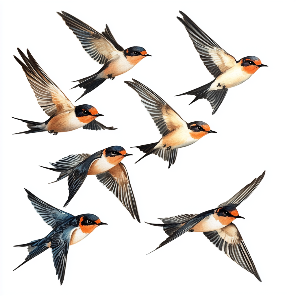 Swallow birds fly together in oil painting.