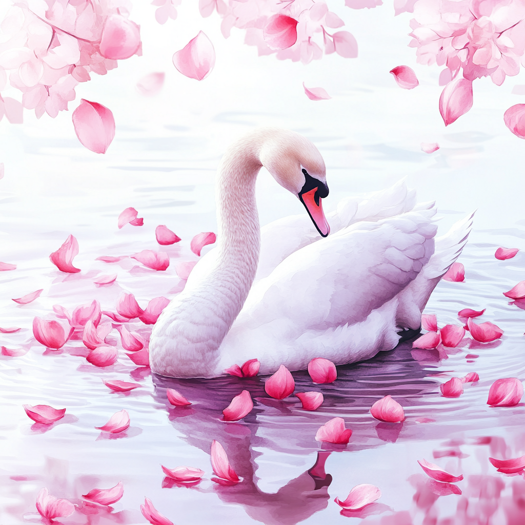 Swan floating with pink petals in watercolor art