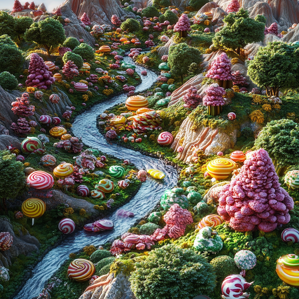 Sweet Candyland Landscape: Chocolate Rivers, Lollipop Trees