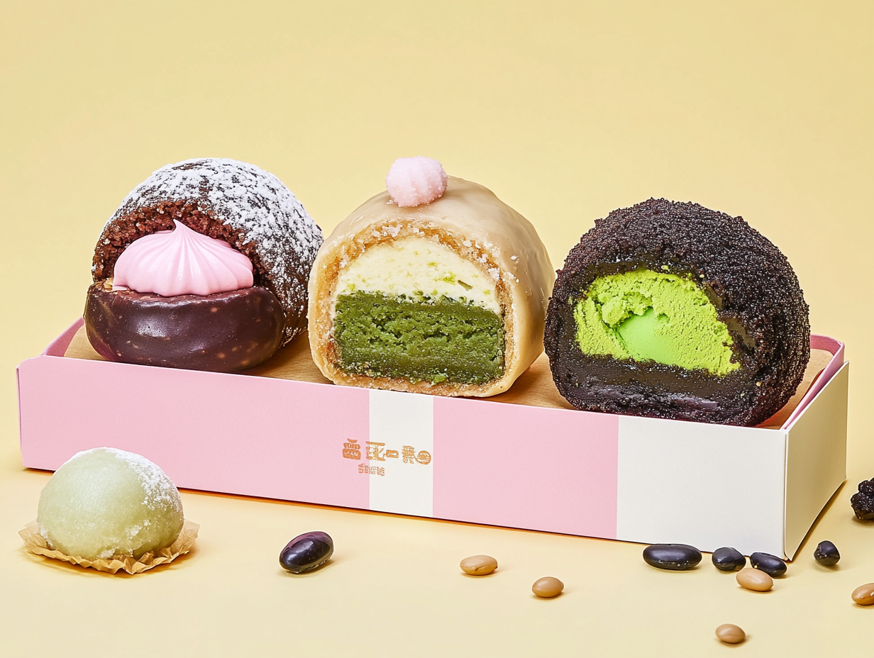 Sweet pastries on colorful box with beans.