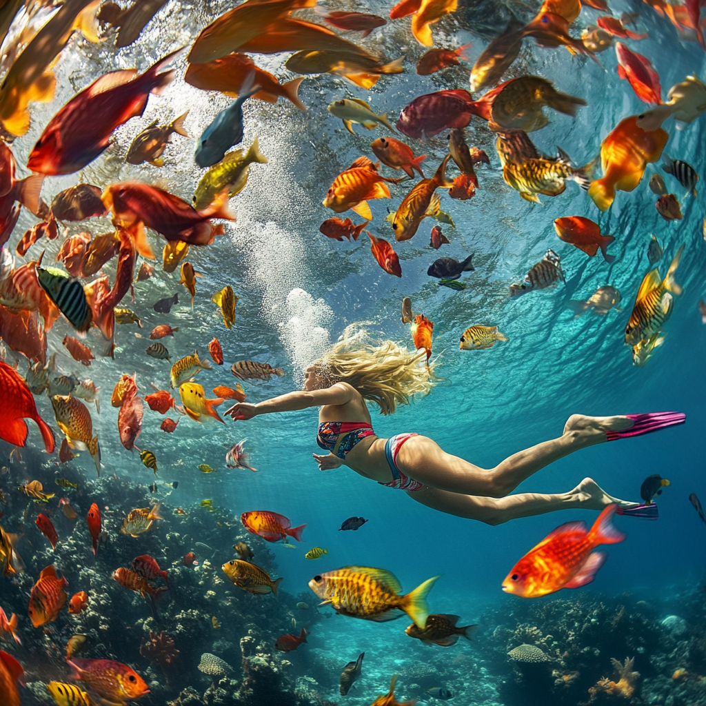 Swimming Woman with Colorful Fish in Caribbean Ocean