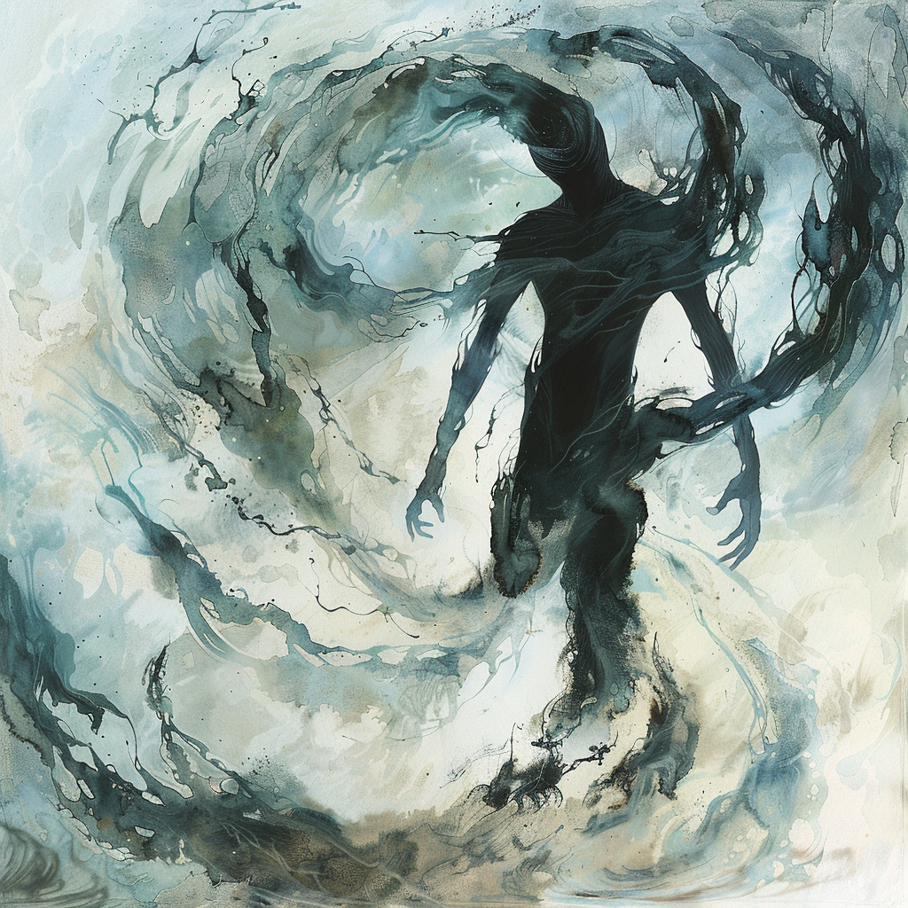 Swirling Vacuum Elemental with mist-like limbs in watercolor style.