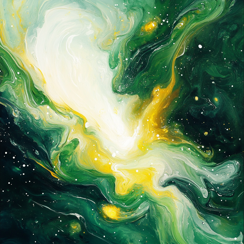 Swirling galaxies in white, green, and yellow hues dance.