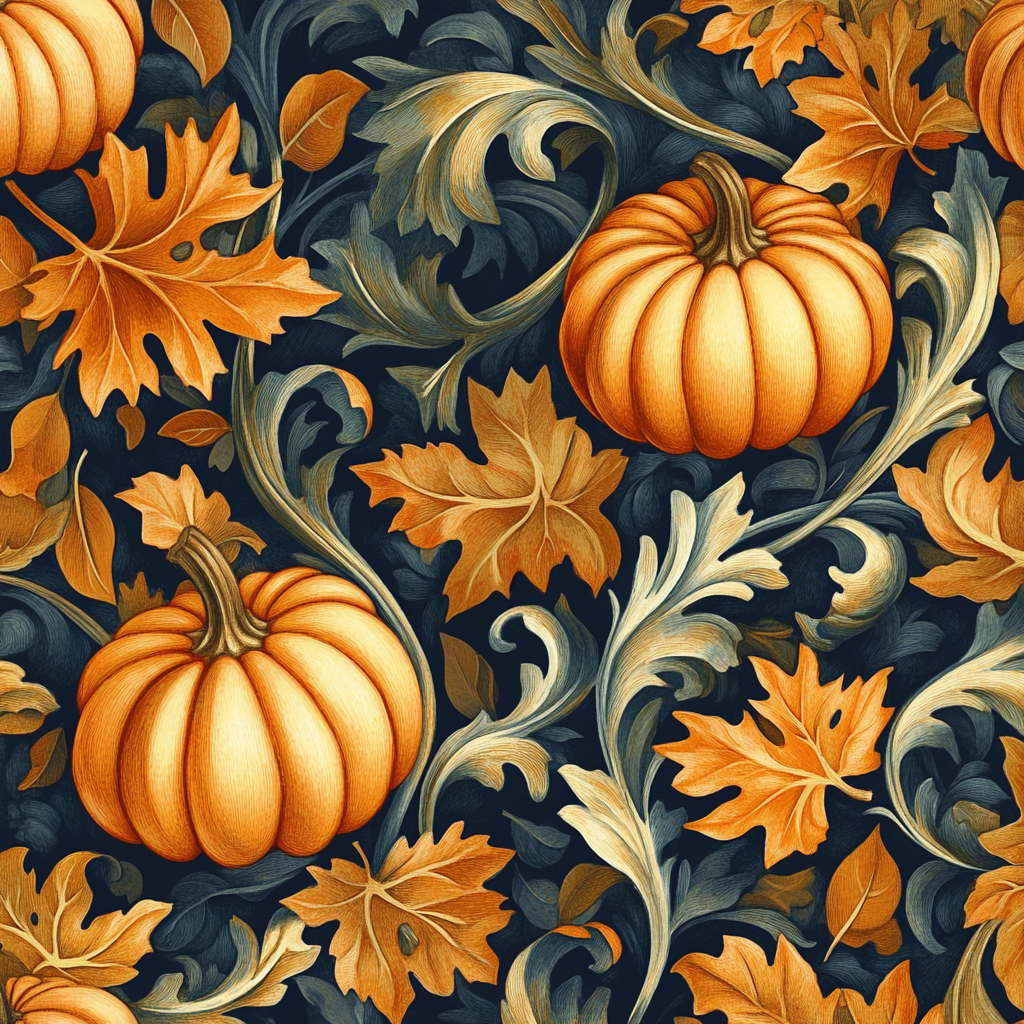 Swirling golden leaves and orange pumpkins in repeating tile.