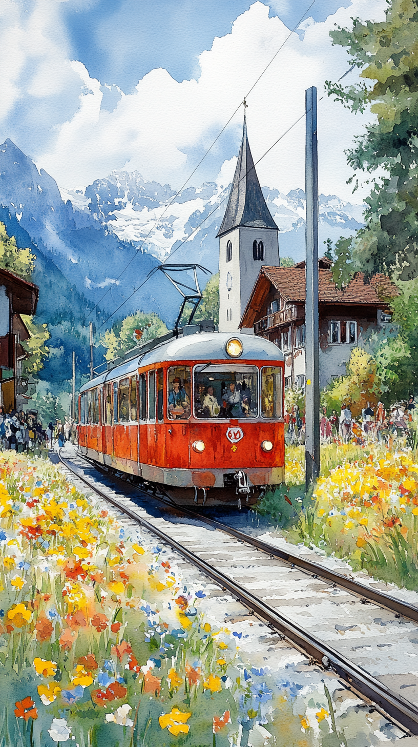 Swiss small train painting in bright colors, spring atmosphere.