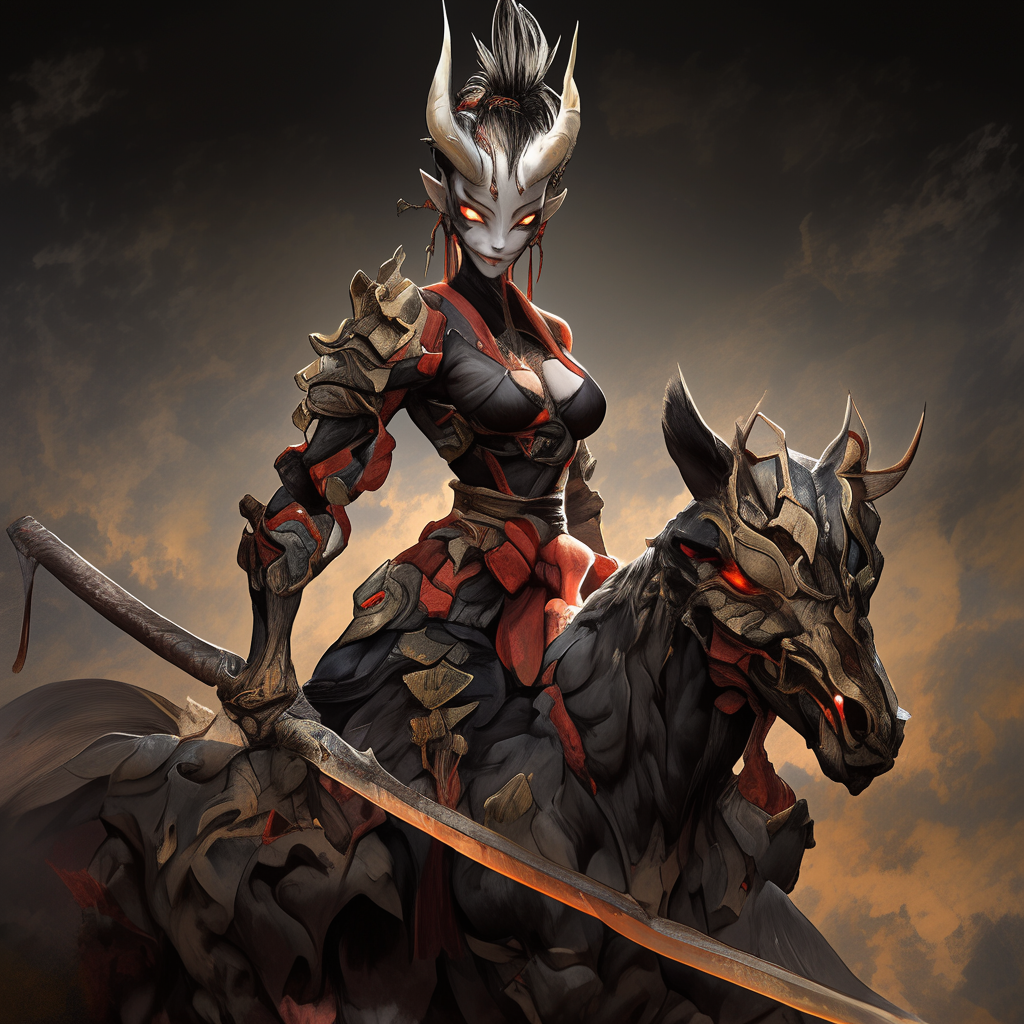 Sword-wielding hellborn demon girl on nightmare horse.