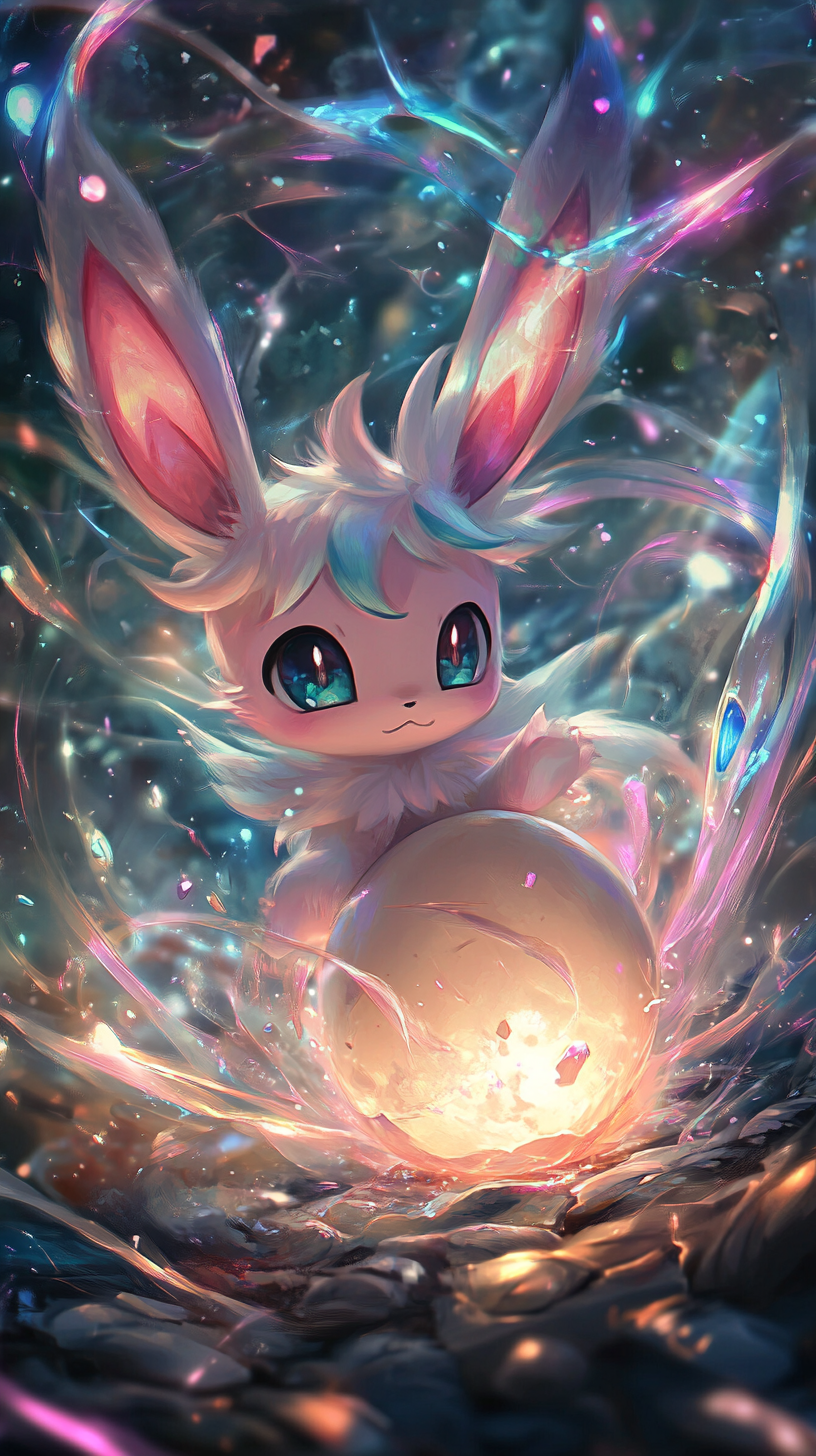 Sylveon hatching from egg, surrounded by magical ribbons.