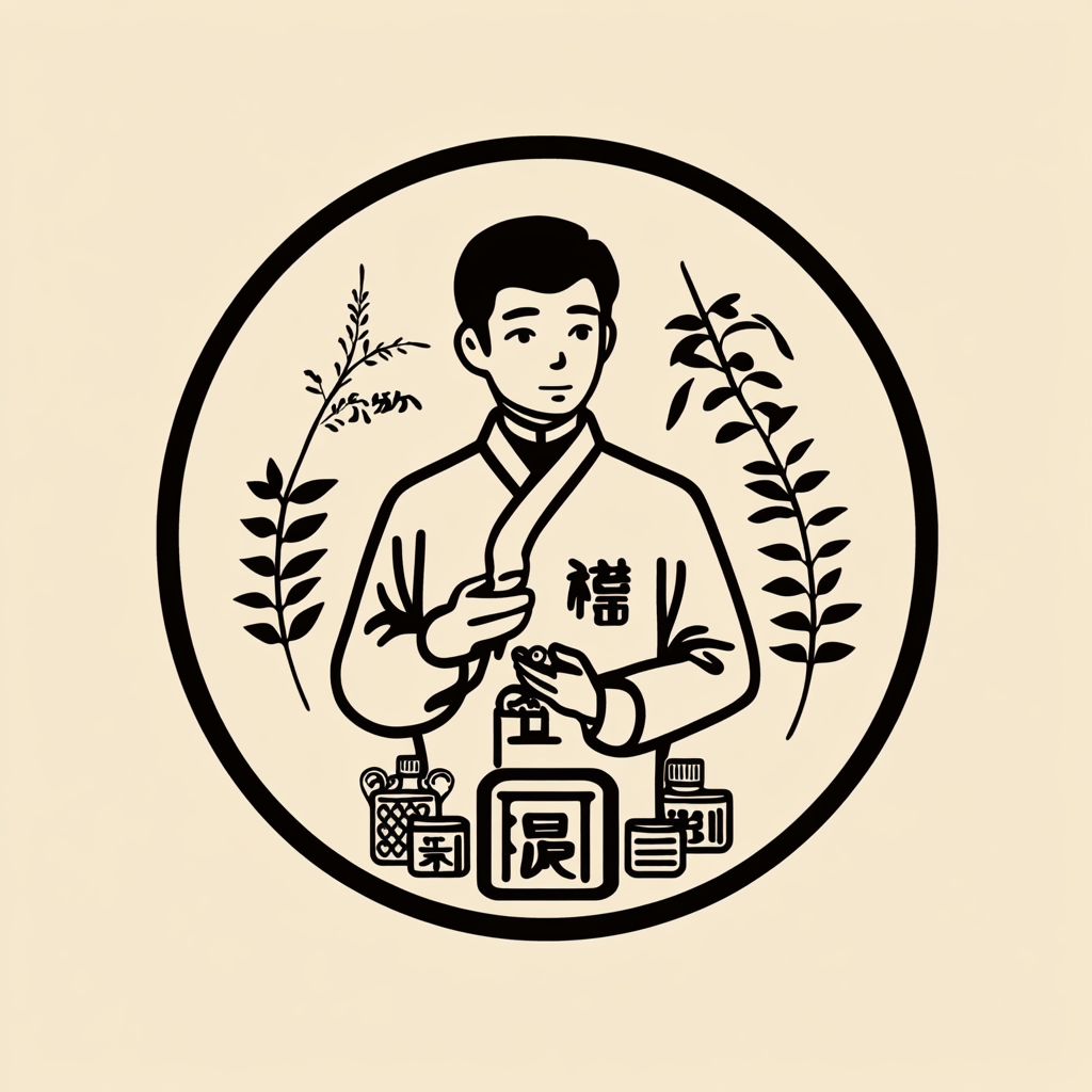 Symbol of pharmacist with Sukunahikona, medicinal herbs, boxes.