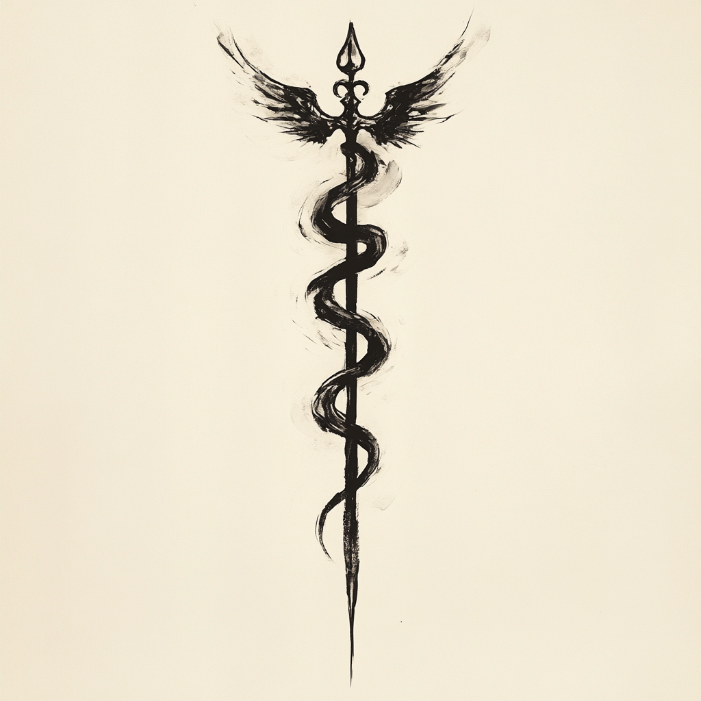 Symbolic Black Ink Painting: Caduceus of Balance