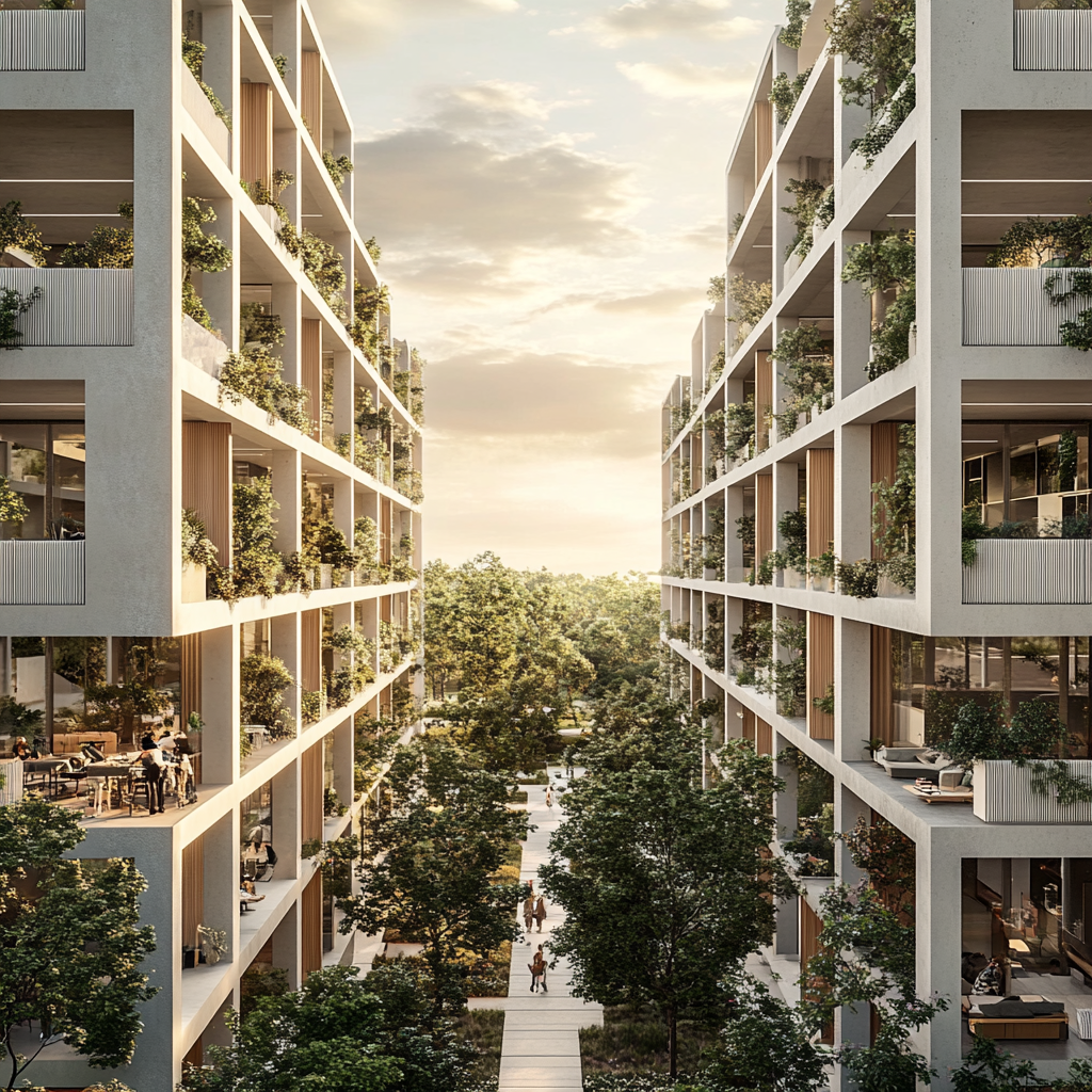 Symmetric modern buildings with balconies, lush green walkways.