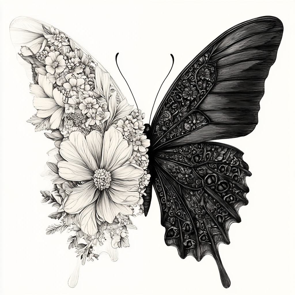 Symmetrical Black-and-White Butterfly Wing with Floral Transformation