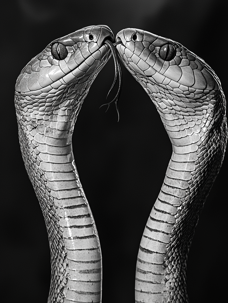 Symmetrical Two-Headed Cobra Photography in Black and White