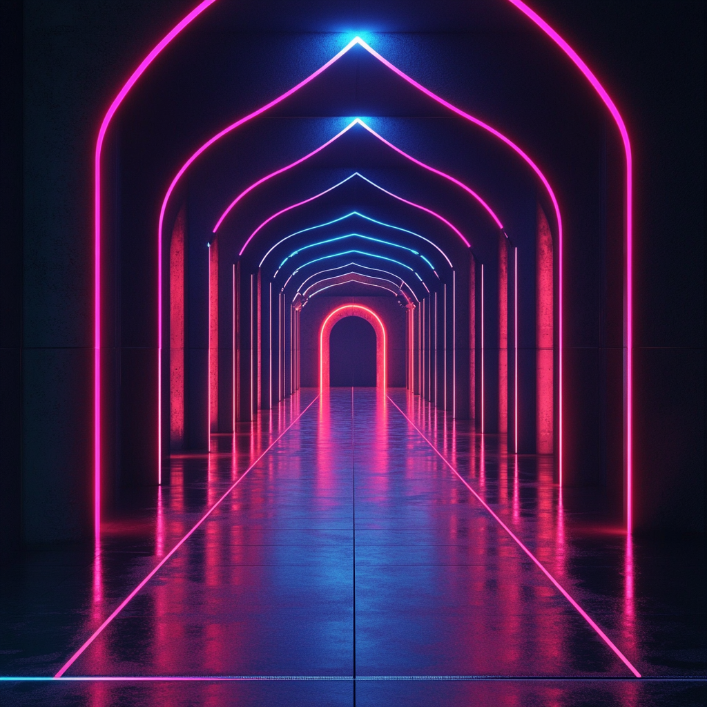 Symmetrical geometry leads to neon-bright portal light.