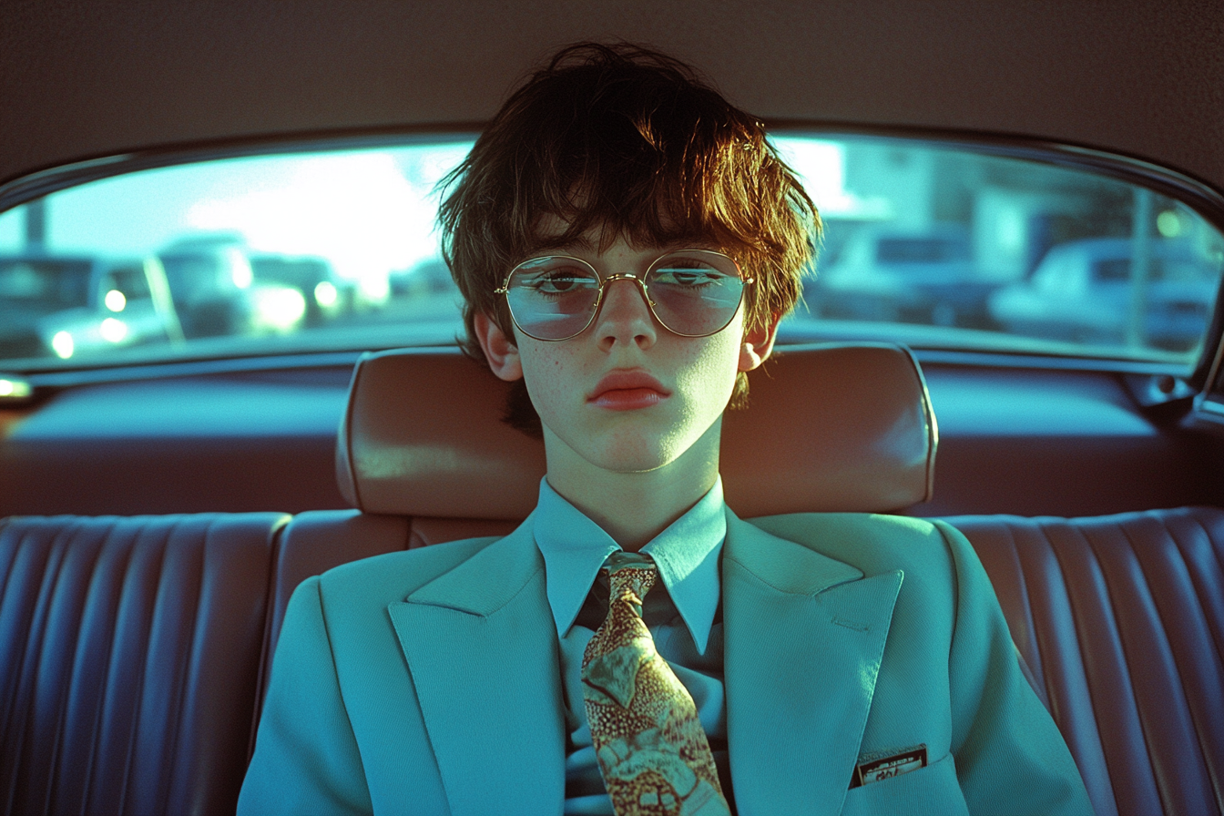 Symmetrical shot of nerdy boy in car, Wes Anderson.