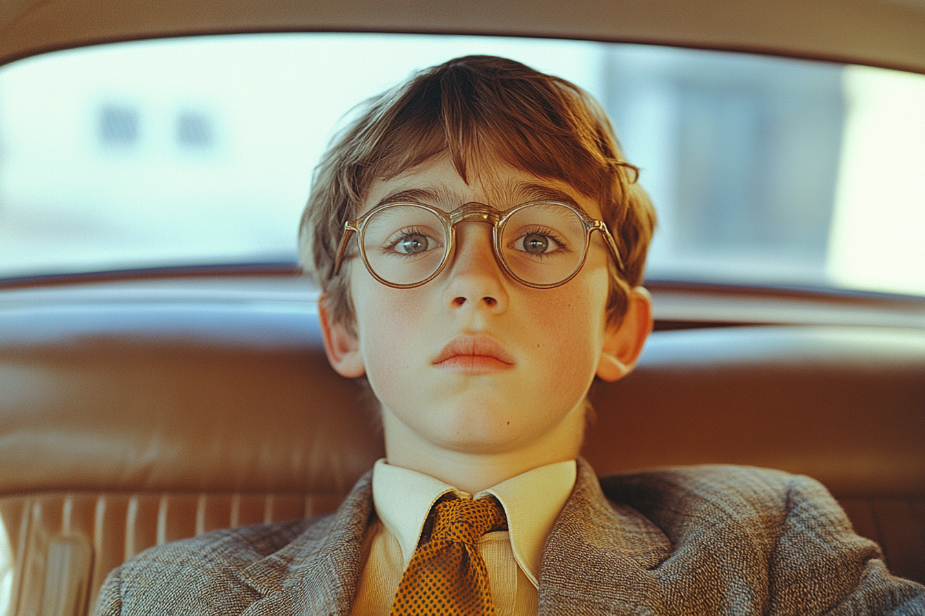 Symmetrical shot of nerdy teen in back of car.